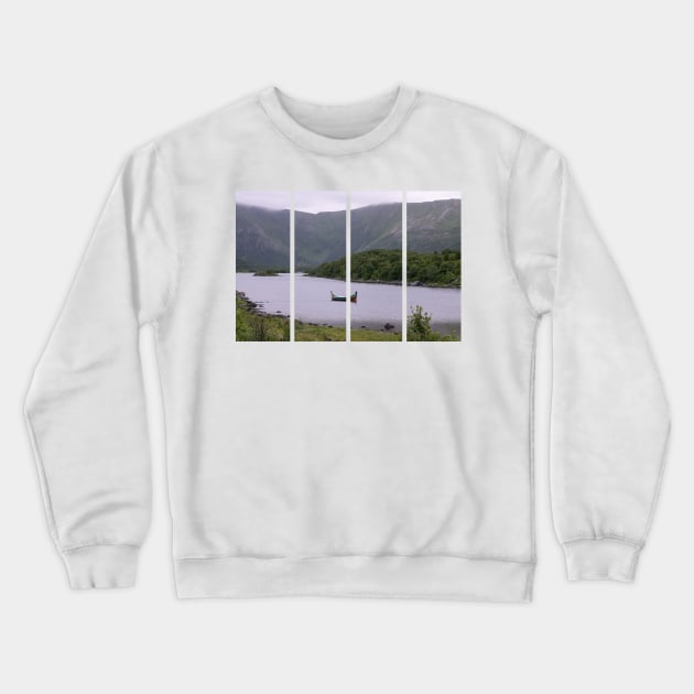 Wonderful landscapes in Norway. Nordland. Beautiful scenery of a valley with a picturesque boat in the Storvatnet lake. Rippled water in a cloudy summer day Crewneck Sweatshirt by fabbroni-art